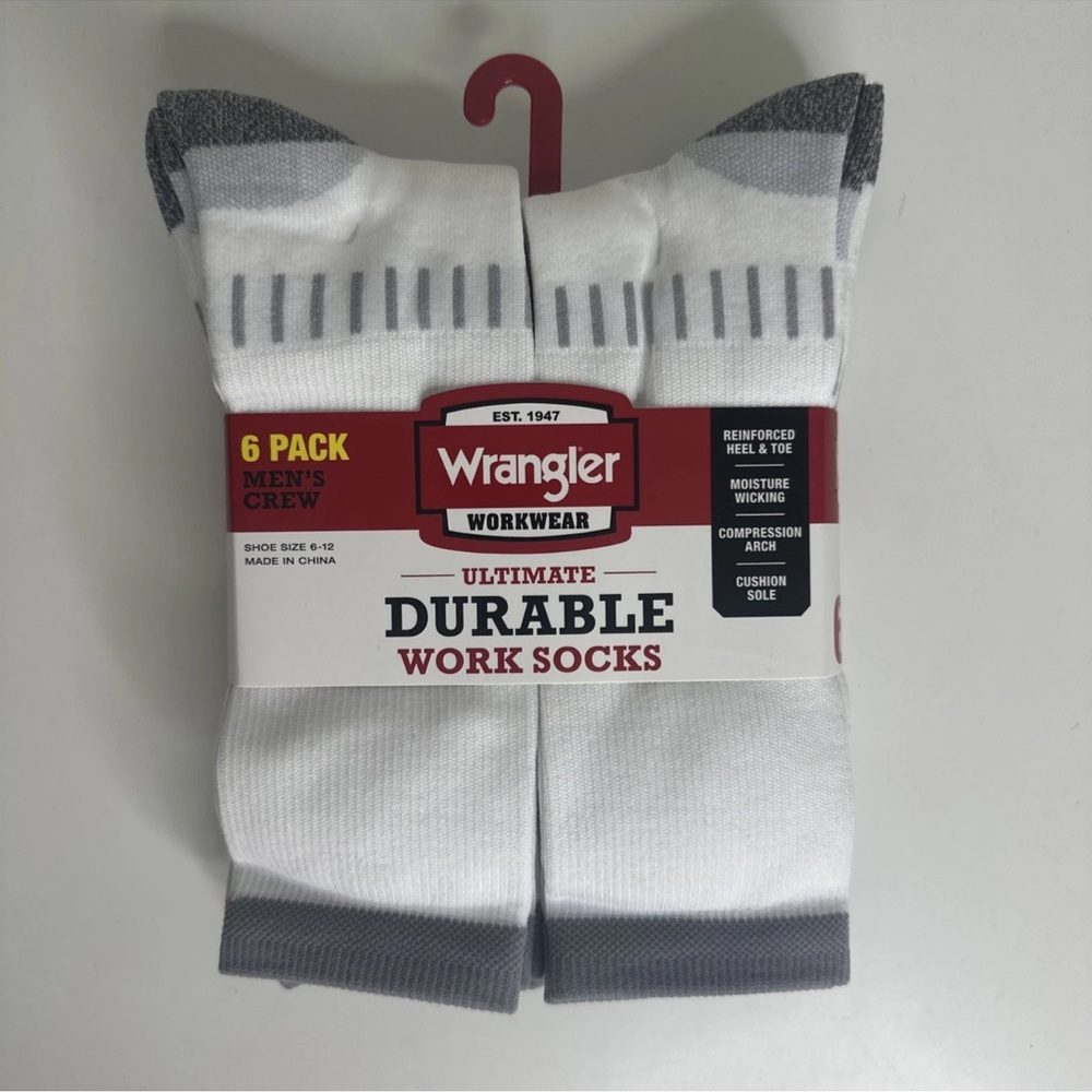 Wrangler Men's Durable White and Gray Work Socks - 6 Pack
